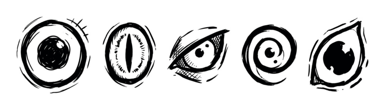 Hand-drawn black ink monster cartoon eyes set with various spooky, evil, and funny expressions in a rough grunge doodle style illustration for creative design elements