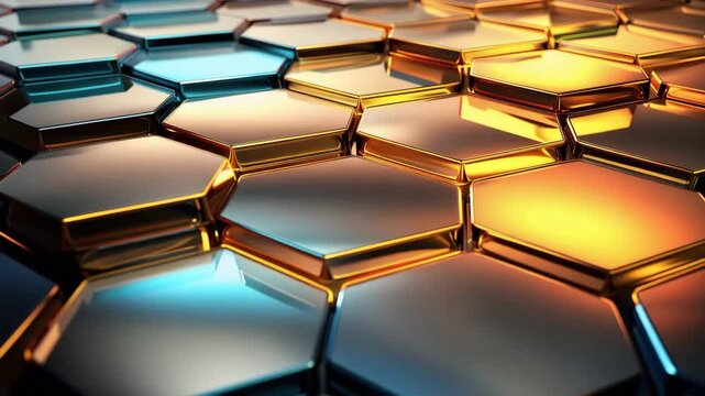 Close-ups show hexagonal shapes with reflections in a mix of colors. The movement reveals changes in light as the colors interact. The focus stays on the design and texture.