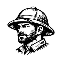 Logo explorador. Icono con cabeza de hombre con sombrero de safari visto de perfil  © teracreonte