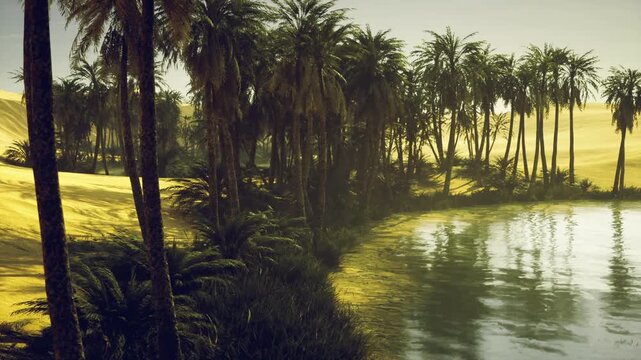 Golden lagoon framed by palm trees ideal setting for botanist surveying coastal estuary at sunrise soft mist hugging water mirror reflections warm backlight