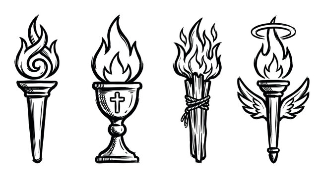 Set of four hand-drawn torch icons with flames, including a religious chalice, a winged torch with a halo, and a bundle of sticks in a black and white sketch style