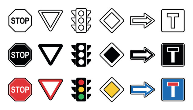 Collection of common road traffic signs including stop, yield, and traffic lights shown in three distinct styles: outline, solid black glyph, and full color vector illustration