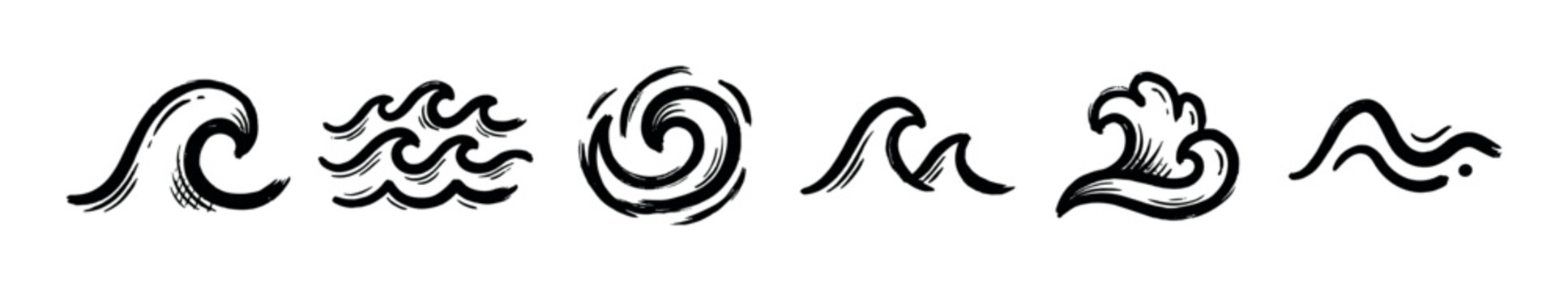 Set of six black ink brush wave icons in various styles, including simple lines, a crest, and a whirlpool, drawn in a grunge, hand-painted artistic sketch style