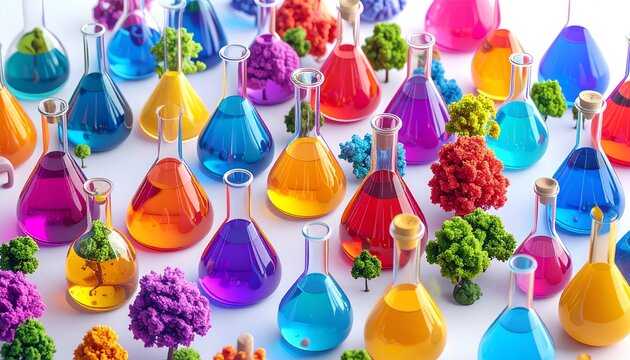 Science flasks with vibrant liquids and miniature trees for chemistry education concept