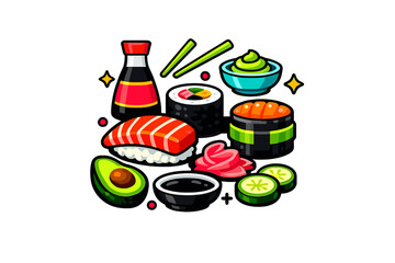 A vibrant cartoon illustration of a sushi set featuring salmon nigiri, maki rolls, wasabi, ginger, soy sauce, avocado, and cucumber slices on a black background. © Mark