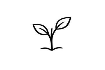 Obraz premium This minimalist line art illustration features a small seedling with two leaves sprouting from the ground on a solid black background, symbolizing nature and new beginnings.
