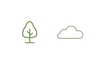 Obraz premium A minimalist illustration featuring a green line-art tree icon and a grey cloud icon side by side on a solid black background. The simple graphic design uses clean lines and muted colors.
