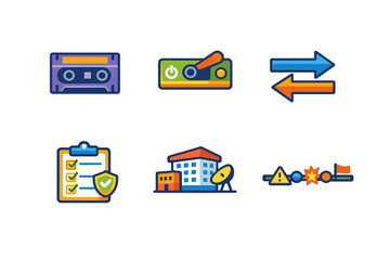 Fototapeta premium A set of six colorful flat vector icons on a black background featuring a cassette tape, a toggle switch, arrows, a checklist with a shield, a building with a satellite dish, and a timeline.