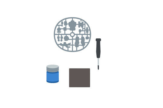 An illustration of a model kit assembly set featuring a circular plastic sprue with parts, a small screwdriver, a blue paint jar, and a square sanding pad on a black background.