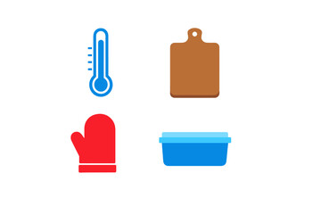 Obraz premium A collection of four minimalist kitchen icons including a blue thermometer, a brown cutting board, a red oven mitt, and a blue storage container on a solid black background.