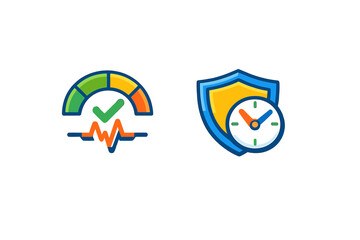 Obraz premium Two colorful icons on a black background. One shows a performance gauge with a checkmark and pulse line, while the other features a protective shield with a clock face.