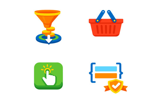 Four flat design icons on a black background featuring a sales funnel with gold coins, a red shopping basket, a hand clicking a green button, and a secure code symbol with a shield.