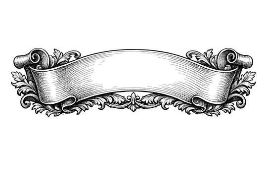 Detailed engraving of a blank vintage banner featuring intricate floral scrolls and acanthus leaf motifs. The monochrome illustration is isolated against a solid black background.