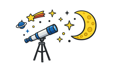 A cartoon illustration of a telescope on a tripod pointed towards a yellow crescent moon, stars, a shooting star, and a ringed planet against a solid black background. © Mark