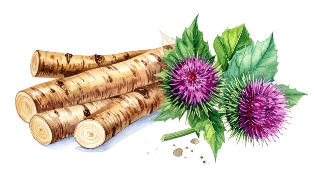 Watercolor painting of burdock root and thistle flowers, bright colors