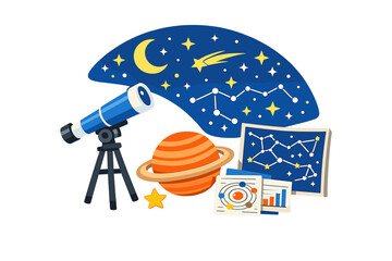 A colorful flat illustration featuring a telescope, a ringed planet, a crescent moon, and various astronomical charts and maps against a dark blue starry night sky background. © Mark