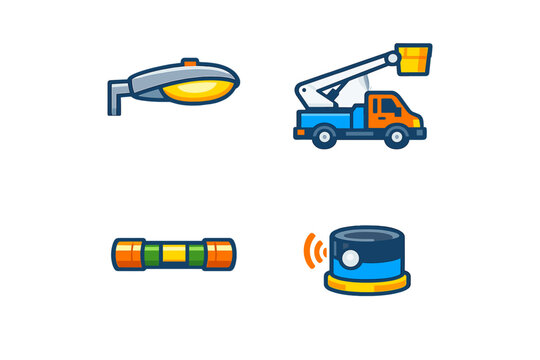 This set of four colorful vector icons includes a street light, a bucket truck, a spirit level tool, and a signal sensor, all designed with bold outlines on a dark background.
