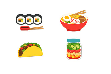 A collection of four colorful food illustrations including sushi with soy sauce, a bowl of ramen with chopsticks, a beef taco, and a layered vegetable salad in a glass jar. © Alan