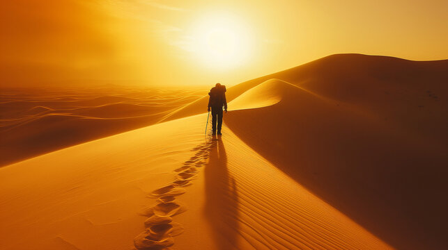 Person walking in desert at sunset, journey and freedom concept