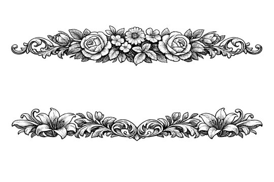 Two ornate floral dividers in a vintage engraving style on a black background. The top border features roses and daisies, while the bottom shows lilies and decorative scrolls.