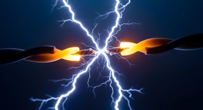 Electrical short circuit and sparking wires. Power failure and energy danger concept. High voltage electricity arcing between two broken glowing copper cables in a dark studio