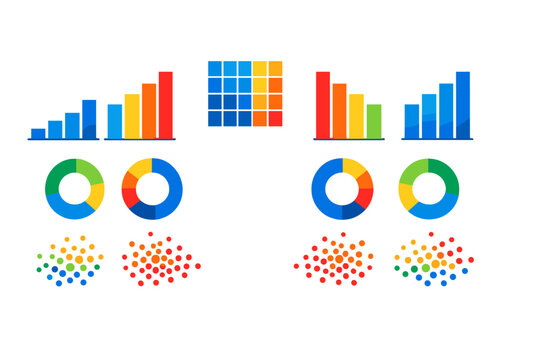 Various colorful data visualization elements like bar graphs, donut charts, and scatter plots are displayed on a dark background, representing business analytics and statistics.