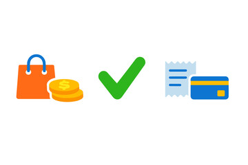A collection of colorful icons including an orange shopping bag with gold coins, a green checkmark, a blue credit card, and a white receipt, all set against a solid black background. © Andrei