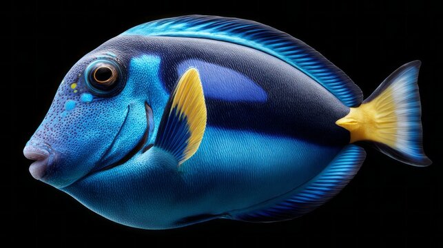 Electric blue tang swims gracefully against stark black