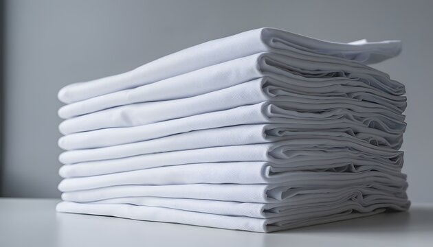 Stack of neatly folded white cotton t-shirts on table with simplistic clean presentation