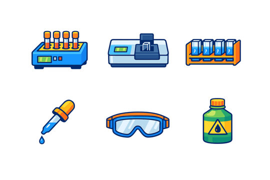A collection of six laboratory equipment icons including test tubes in a heater, a digital analyzer, a rack of cuvettes, a pipette, safety goggles, and a chemical reagent bottle.