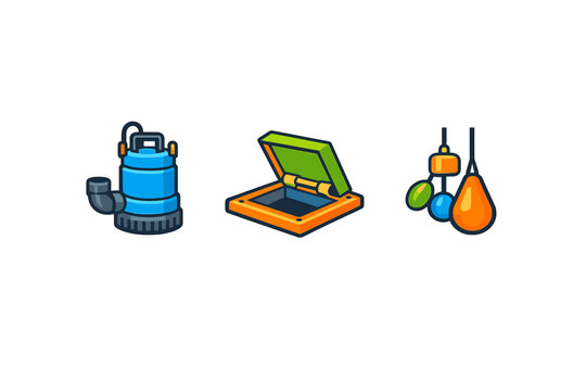 Three colorful vector icons on a black background featuring a blue submersible water pump, an open orange access hatch, and a set of hanging float switches for liquid level control.