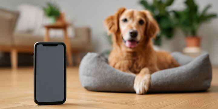 Smartphone with a blank screen mockup in front of a golden retriever dog in a cozy home. For a pet care app, online vet services, or a pet supplies store promotion