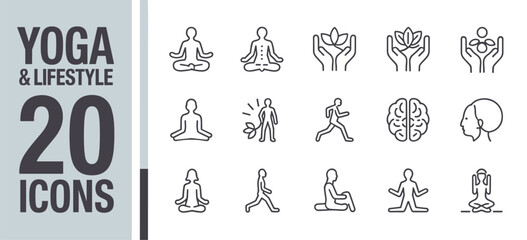 Fototapeta premium Yoga And Lifestyle Icons Set Line Art Keywords: yoga, lifestyle, icons, meditation, fitness