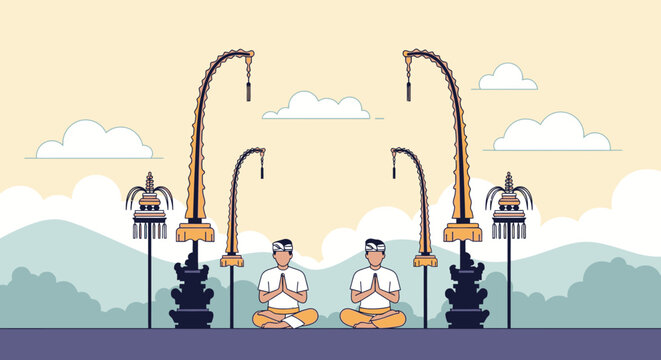 Balinese people meditating with penjor and clouds in the background