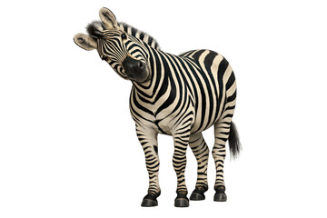 Fototapeta premium Zebra standing on a transparent background, its head tilted, looking forward. Beautiful black and white striped fur
