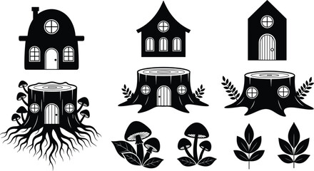 Vector silhouette set of fairy garden elements featuring gnome houses tree stump cottages magic mushrooms and forest leaves for fantasy landscape and storytelling designs © Mst