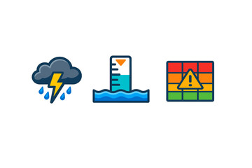 Naklejka premium Three colorful icons representing a thunderstorm with rain, a water level gauge for flood monitoring, and a risk assessment grid with a yellow warning triangle on a black background.