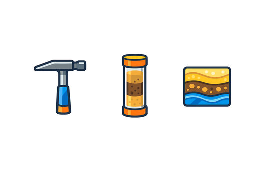 Three flat vector icons representing geology and soil analysis, including a geologist hammer, a core sample tube with layers, and a cross-section diagram of earth strata.