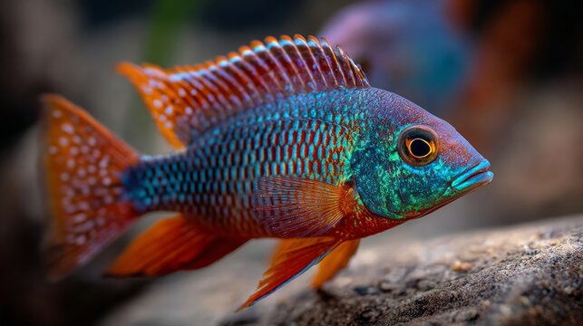 Vibrant cichlid fish with gradient scales glows in focus