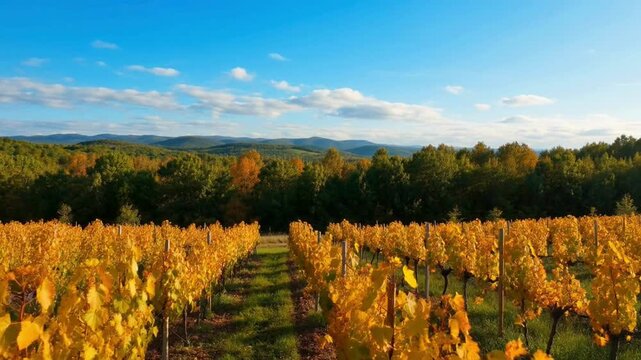 Autumn vineyard aerial view showing rows of golden yellow vines in sunny valley