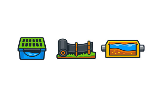 Three colorful icons representing water drainage systems and filtration components, including a catch basin, a roll of geotextile fabric, and a sediment trap tank on a black background.
