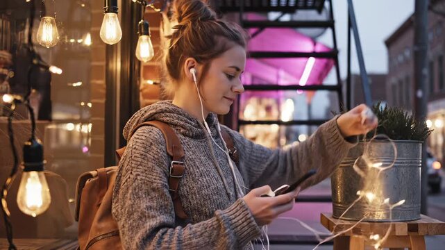 Young woman listens to new music on phone outdoors. Urban girl uses smartphone under warm string lights. Student with backpack checks phone at evening. Happy woman enjoys music on smartphone in city.