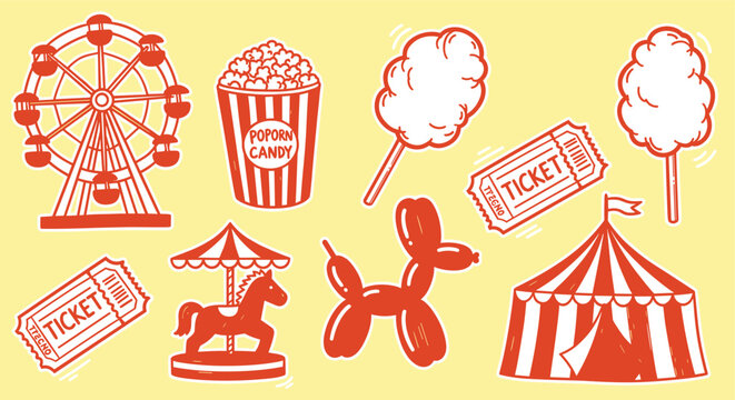Whimsical Carnival and Fairground Icons Featuring Ferris Wheel Popcorn Cotton Candy Tent and Carousel Horse with Balloon Animal