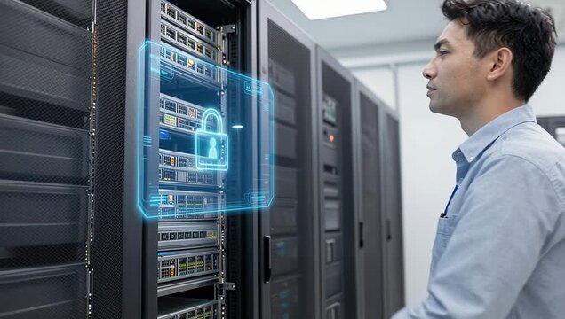 Male Asian IT Technician Securing Server with Digital Lock in Data Center