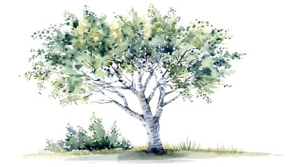 Obraz premium Watercolor birch tree illustration with green foliage on a white background in spring