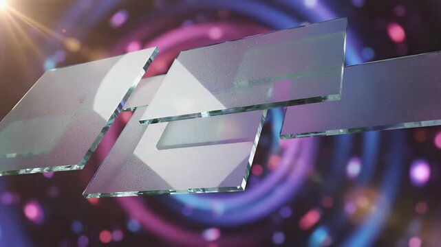 Transparent, geometric glass planes float against a blurred, colorful bokeh background with lens flare
