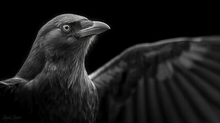 Fototapeta premium Black raven stands poised against deep shadow