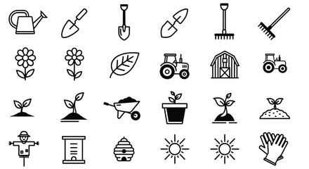 Fototapeta premium Gardening tools plants and farm equipment in a minimalist silhouette
