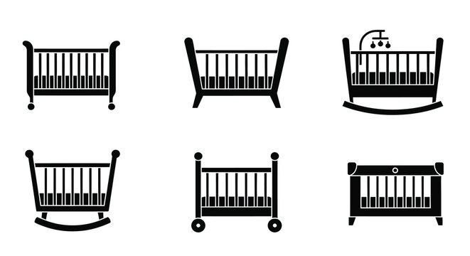 Variety of baby crib designs presented as a black silhouette