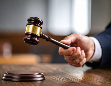 La mano de un juez con un mazo sobre la mesa del tribunal en juicio, concepto de justicia, ley, sistema judicial, autoridad legal y veredicto judicial culpable o inocente